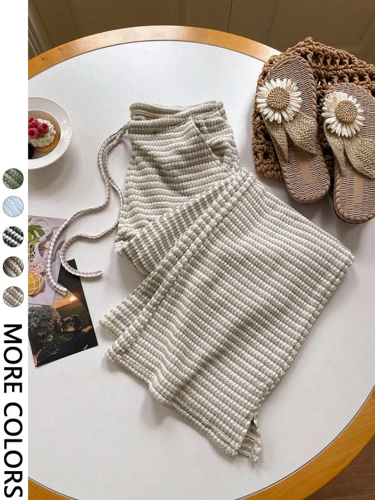 Women'S Summer Knitted Striped Drawstring Pocket Casual Loose Fit Wide Leg Pants, Perfect for Daily Wear and Vacations
